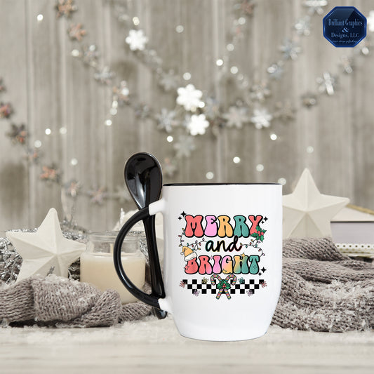Merry and Bright Christmas Coffee Mug, Retro Design