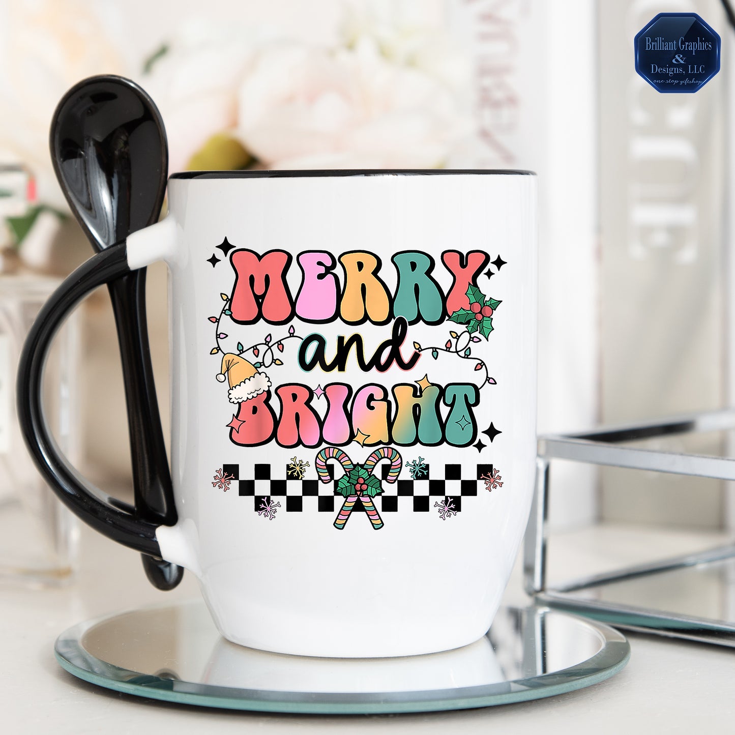 Merry and Bright Christmas Coffee Mug, Retro Design